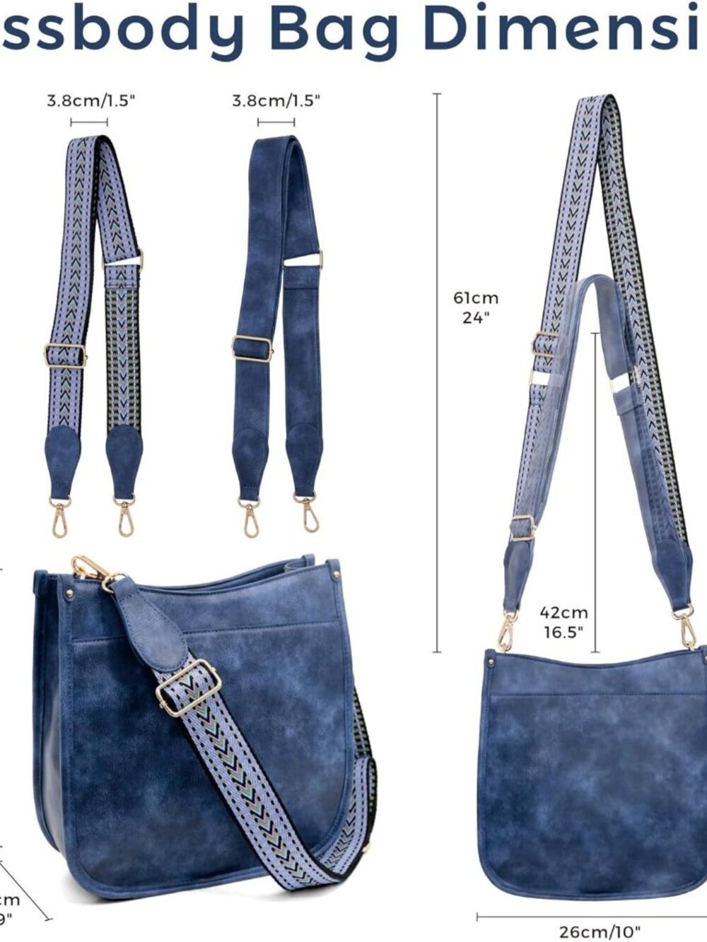 Women's Blue Imported Pu Leather 2 Adjustable Straps Zipper Crossbody Bag - Picture 6 of 7